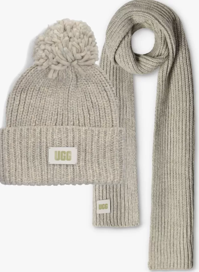 Dames UGG Mutsen^Lichtgrijze Muts Chunky Rib Beanie Knit Pom Set