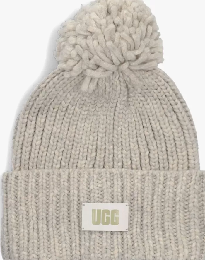 Dames UGG Mutsen^Lichtgrijze Muts Chunky Rib Beanie Knit Pom Set