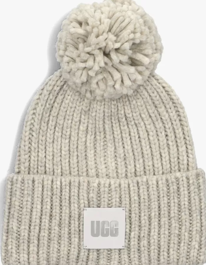 Dames UGG Mutsen^Lichtgrijze Muts Chunky Rib Knit Beanie W Pom